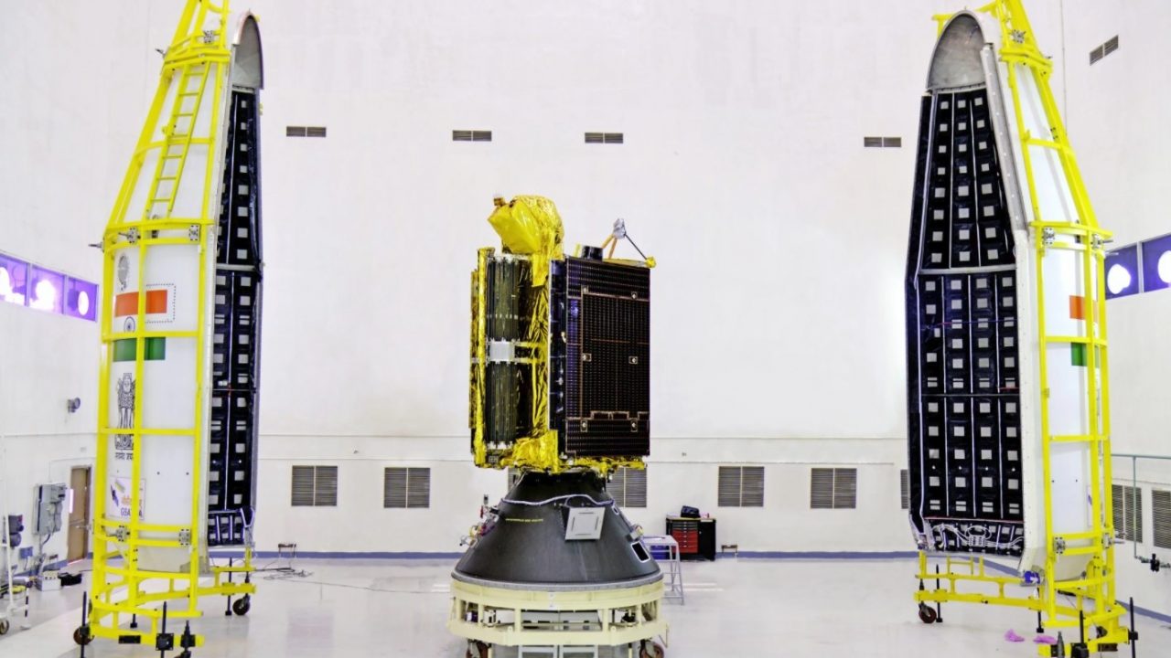 GSAT-6A seen with two halves of Payload faring of GSLV-F08. (Source: ISRO)