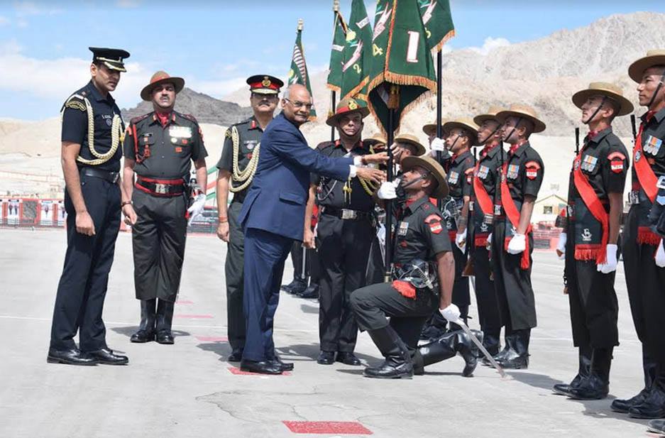 President Ram Nath Kovind presenting the Ladakh Scouts regiment with the President’s Colours—an honour reserved for those units that distinguish themselves over decades. (Source: Facebook)