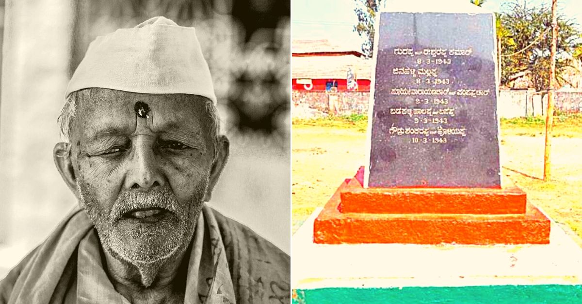 Left: Huchuraayappa, a freedom fighter from Issuru Village, Karnataka. Right: A stone engraving with the names of those who sacrificed their lives. (Source: Naveed Mulki/@mohsinstats)
