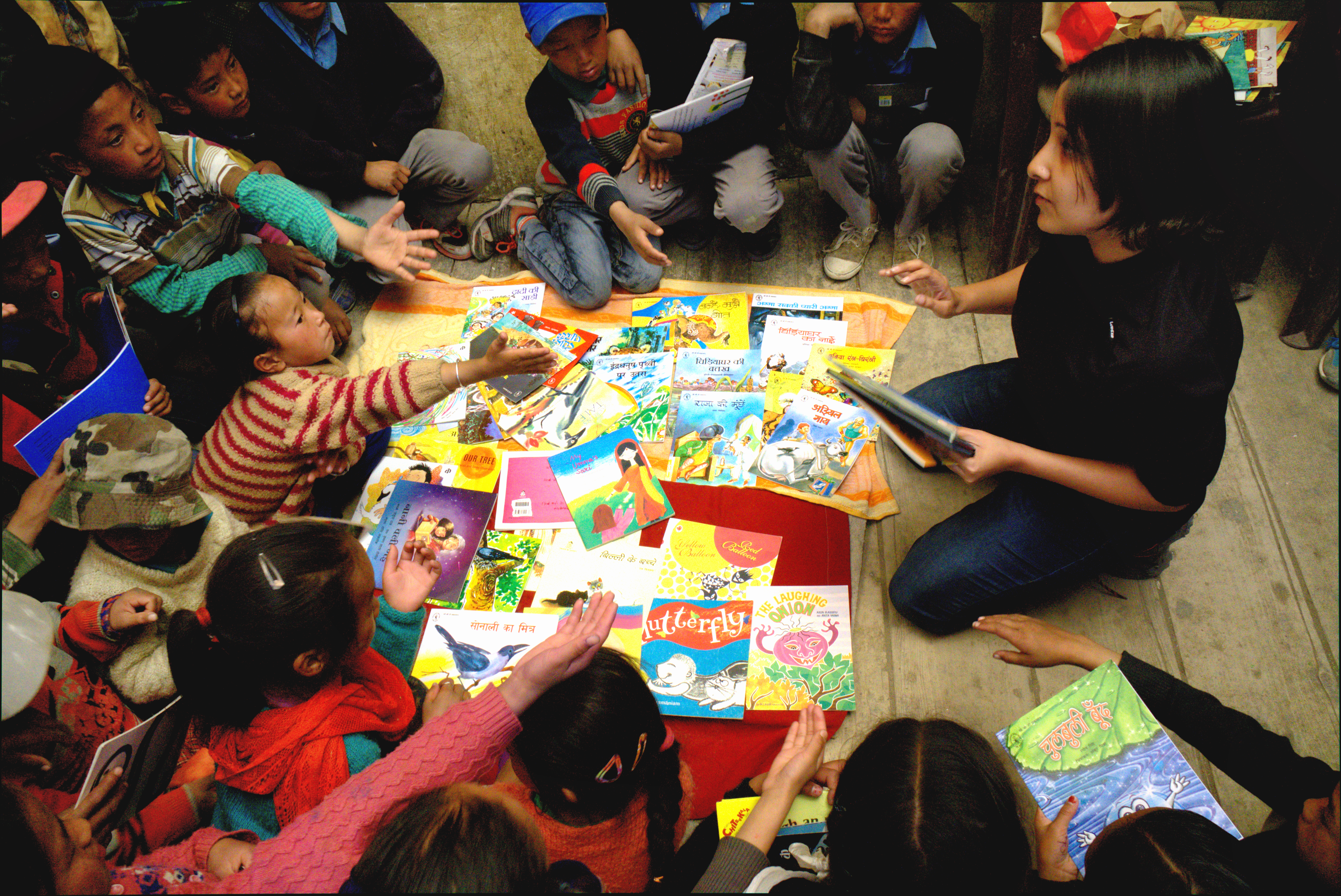 Ruchi Dhona sitting alongside the bright young minds of Spiti Valley.